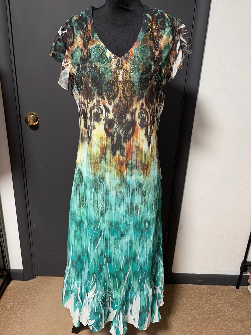 Reba Teal and Brown Ombre V-Neck Maxi Dress